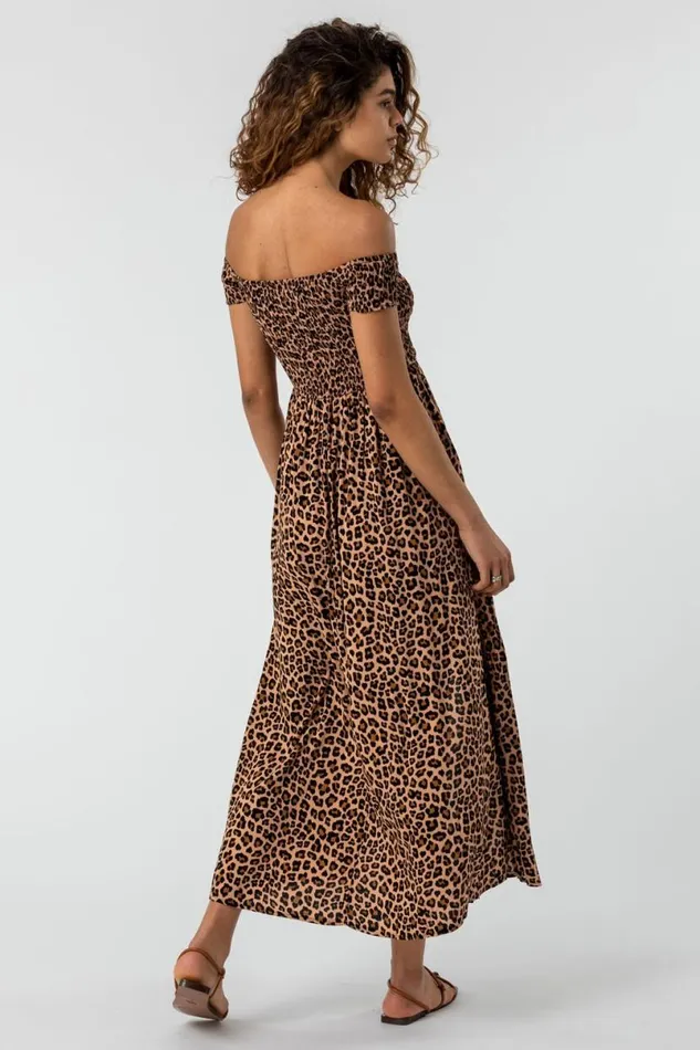 Brown Shirred Leopard Print Bardot Dress Women Roman Dresses