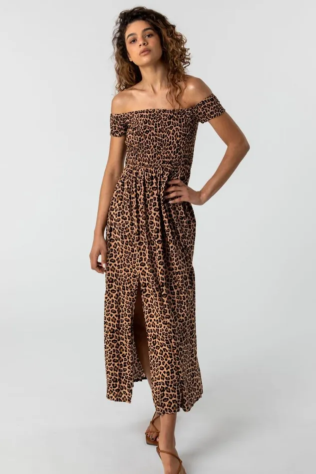 Brown Shirred Leopard Print Bardot Dress Women Roman Dresses