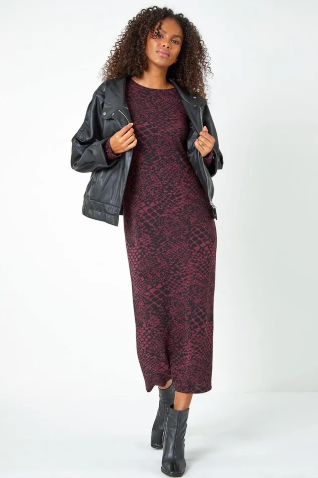 Burgundy Snake Print Jacquard Stretch Dress Women Roman Dresses