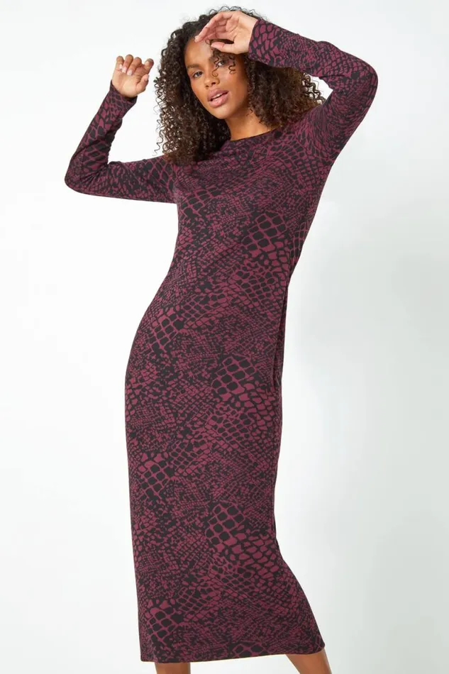 Burgundy Snake Print Jacquard Stretch Dress Women Roman Dresses