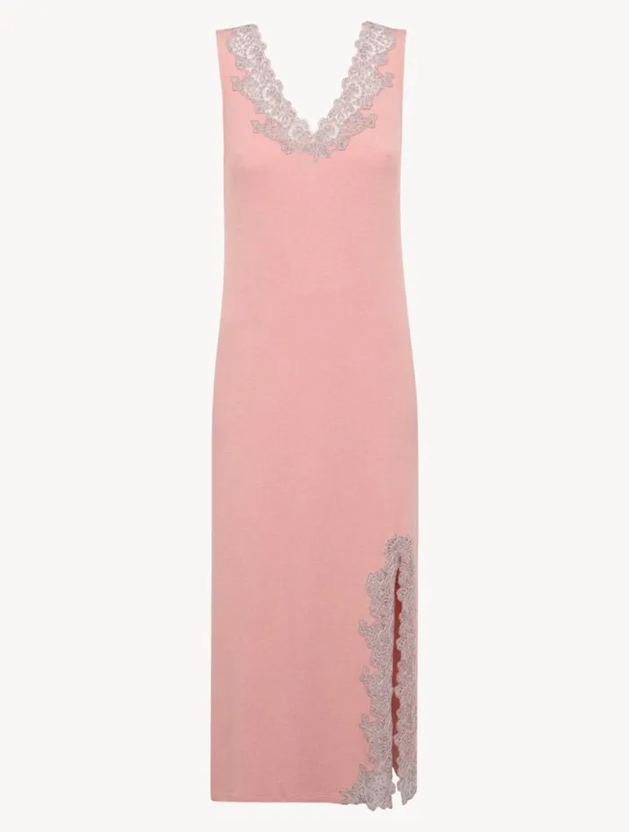 Cashmere Blend Ribbed Long Nightgown In Blush Clay With Frastaglio Sleepwear La Perla Pajamas