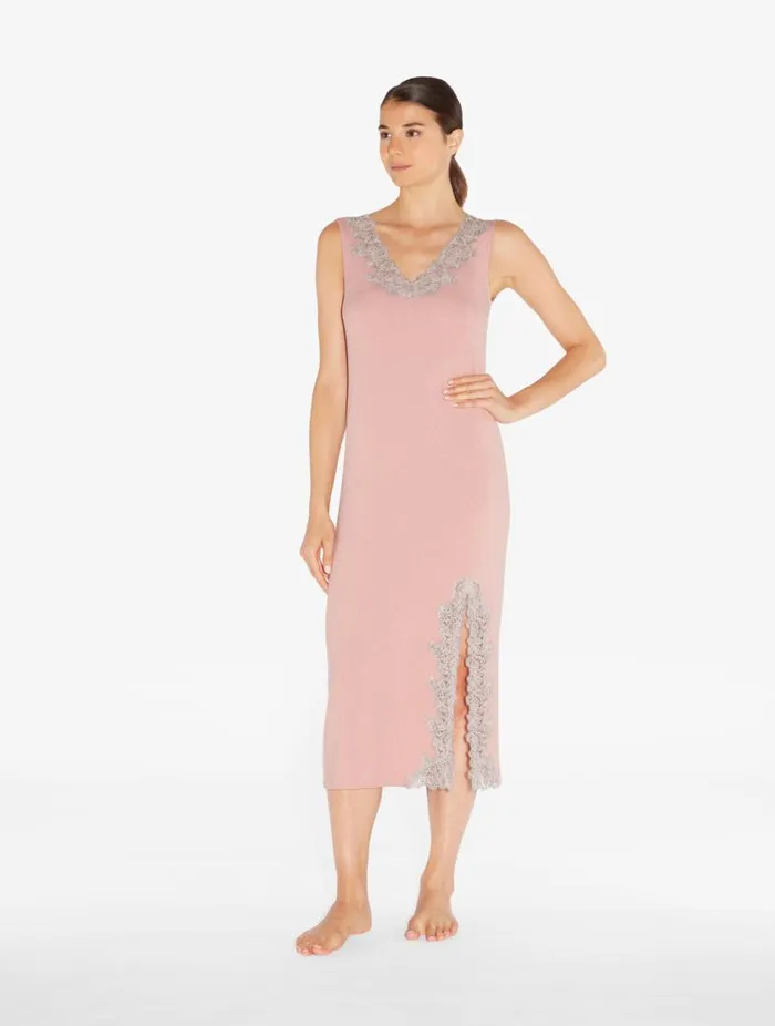 Cashmere Blend Ribbed Long Nightgown In Blush Clay With Frastaglio Sleepwear La Perla Pajamas