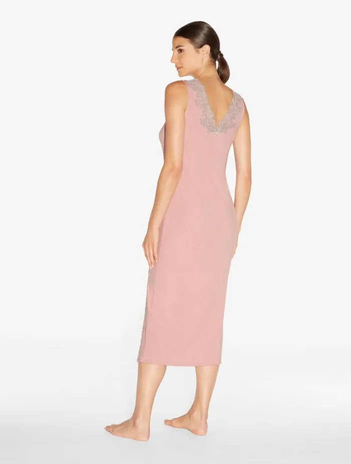 Cashmere Blend Ribbed Long Nightgown In Blush Clay With Frastaglio Sleepwear La Perla Pajamas