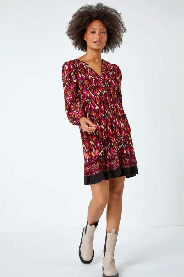 Cerise Aztec Border Print Stretch Dress Women Roman Dresses