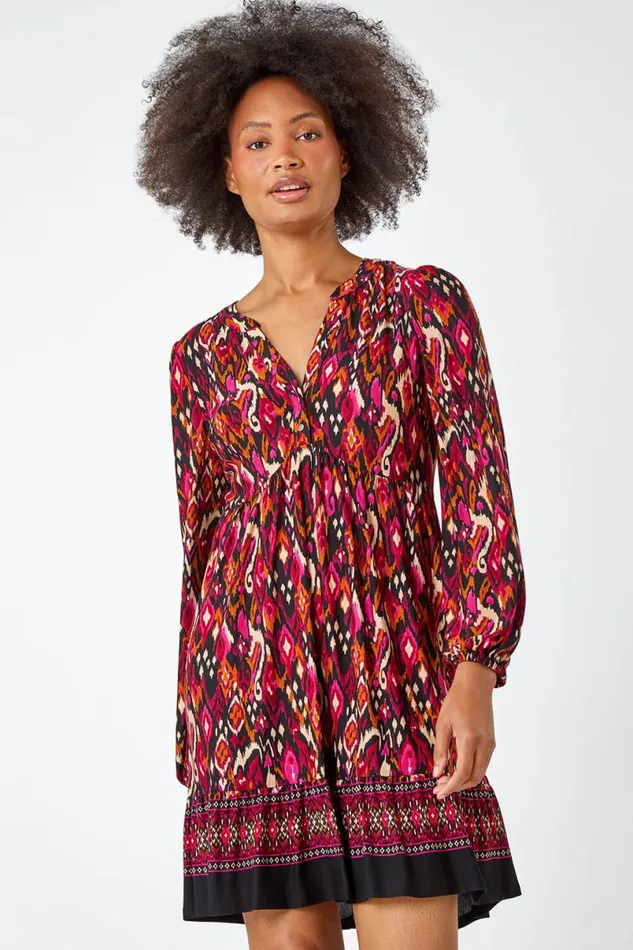 Cerise Aztec Border Print Stretch Dress Women Roman Dresses