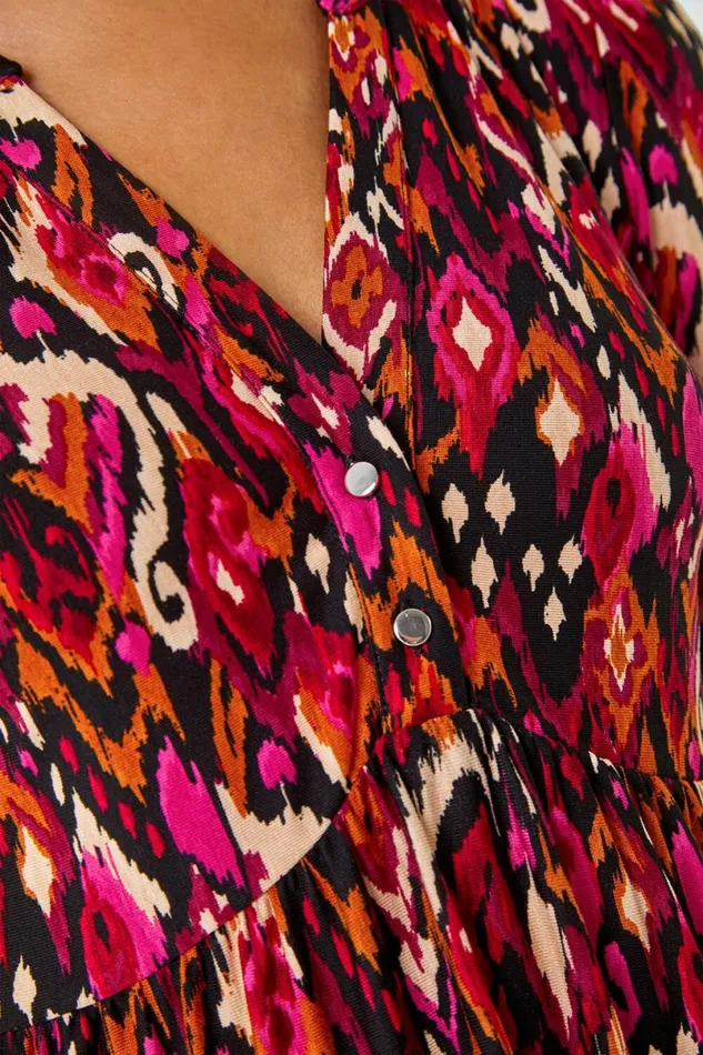 Cerise Aztec Border Print Stretch Dress Women Roman Dresses