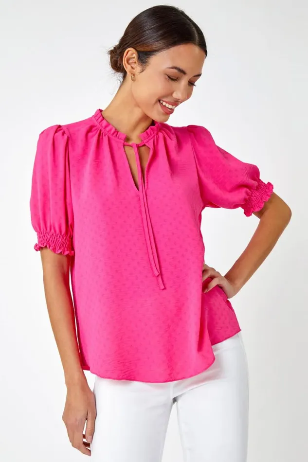 Cerise Frill Neck Plain Tie Detail Top Women Roman Tops
