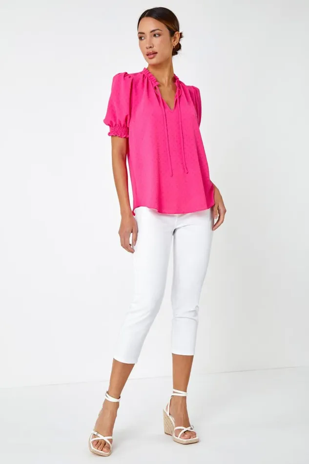 Cerise Frill Neck Plain Tie Detail Top Women Roman Tops