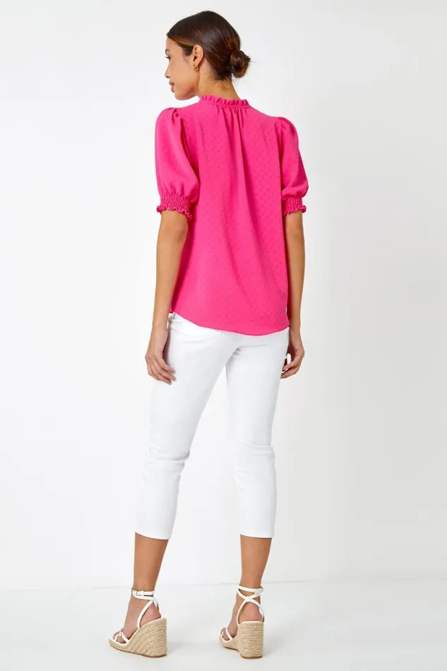 Cerise Frill Neck Plain Tie Detail Top Women Roman Tops