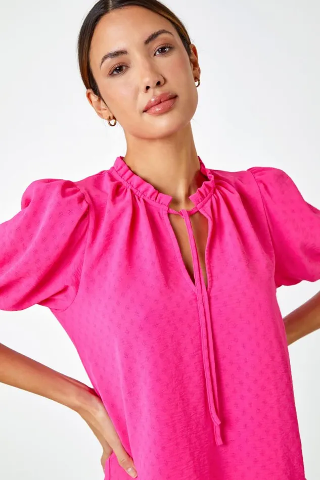 Cerise Frill Neck Plain Tie Detail Top Women Roman Tops