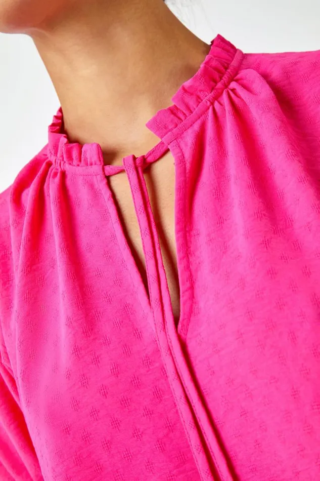 Cerise Frill Neck Plain Tie Detail Top Women Roman Tops