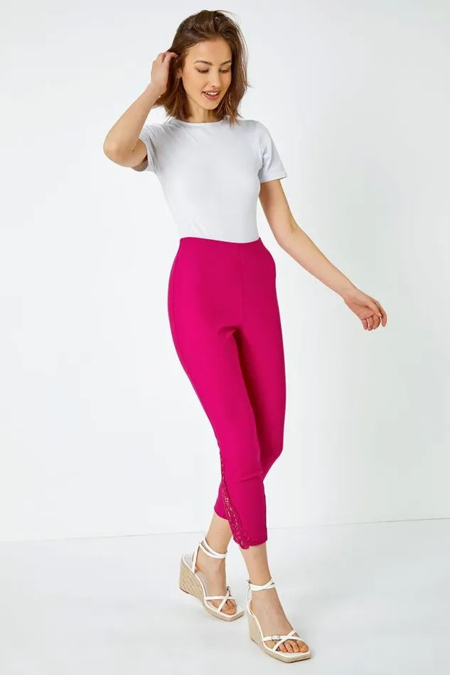 Cerise Lace Insert Elastic Waist Cropped Trouser Women Roman Coords
