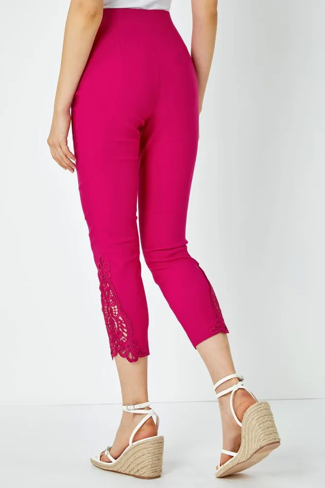 Cerise Lace Insert Elastic Waist Cropped Trouser Women Roman Coords
