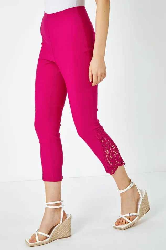Cerise Lace Insert Elastic Waist Cropped Trouser Women Roman Coords