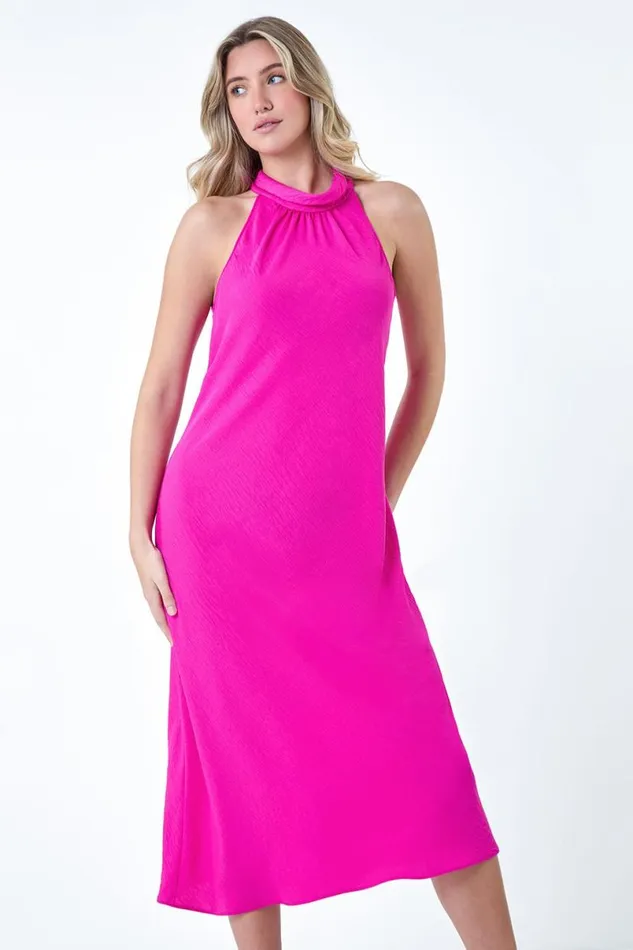 Cerise Plain Woven Halterneck Midi Dress Women Roman Dresses