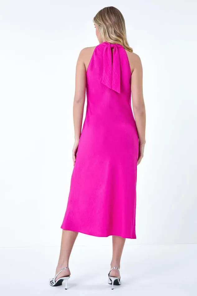 Cerise Plain Woven Halterneck Midi Dress Women Roman Dresses