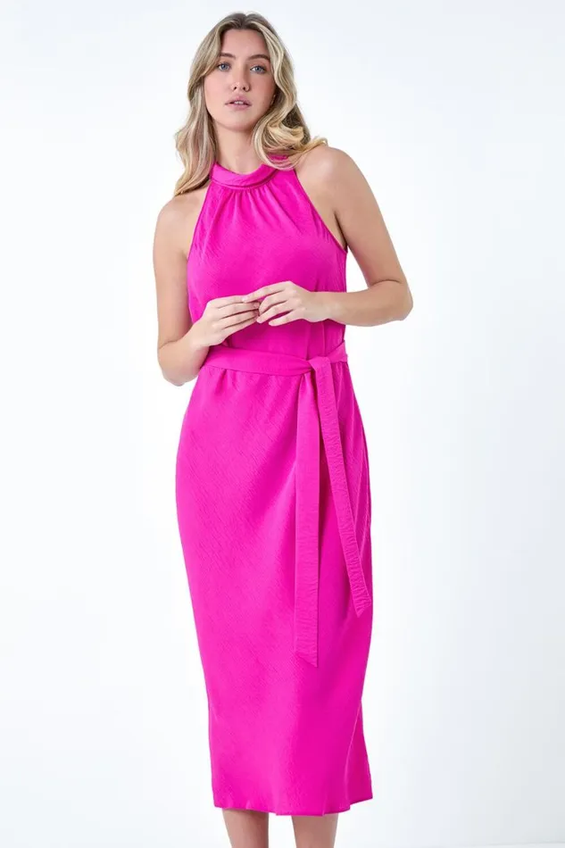 Cerise Plain Woven Halterneck Midi Dress Women Roman Dresses