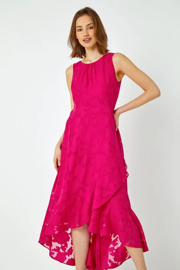 Cerise Sleeveless Jacquard Dipped Hem Midi Dress Women Roman Occasionwear
