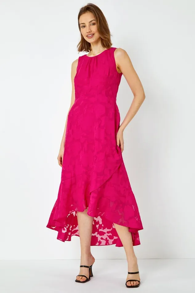 Cerise Sleeveless Jacquard Dipped Hem Midi Dress Women Roman Occasionwear