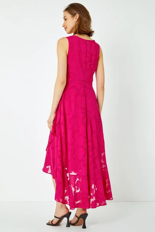 Cerise Sleeveless Jacquard Dipped Hem Midi Dress Women Roman Occasionwear