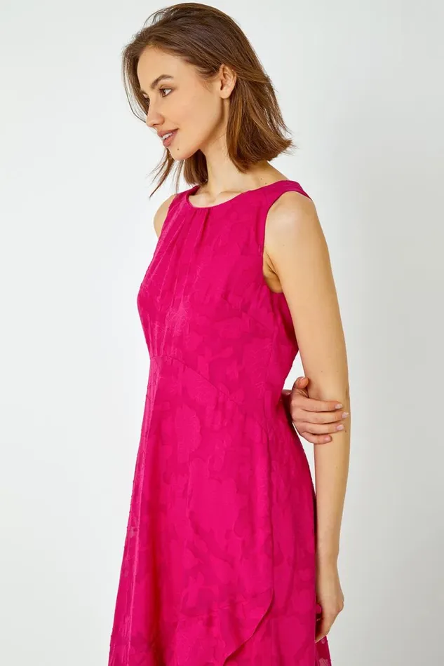 Cerise Sleeveless Jacquard Dipped Hem Midi Dress Women Roman Occasionwear
