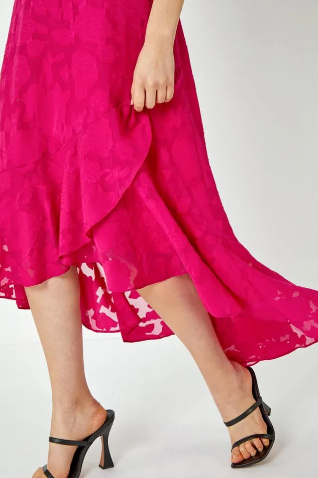 Cerise Sleeveless Jacquard Dipped Hem Midi Dress Women Roman Occasionwear
