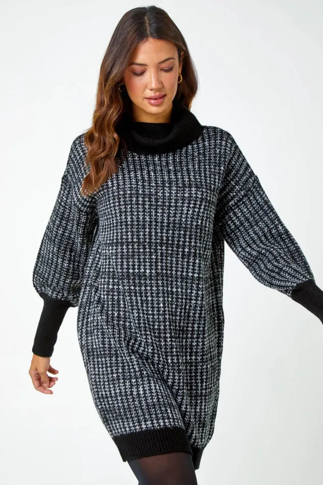 Charcoal Contrast Roll Neck Jumper Dress Women Roman Dresses
