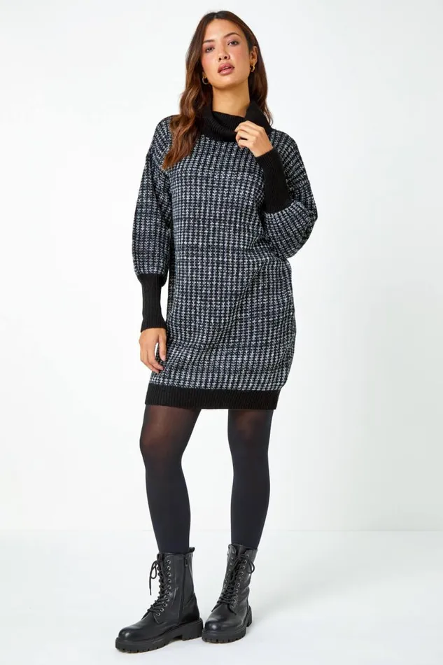 Charcoal Contrast Roll Neck Jumper Dress Women Roman Dresses