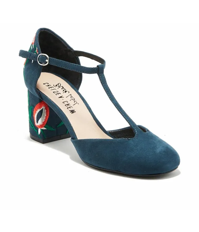 Chelsea Crew 1920s Navy TStrap Embroidered Frenchie Heels Shoes Unique Vintage Heels