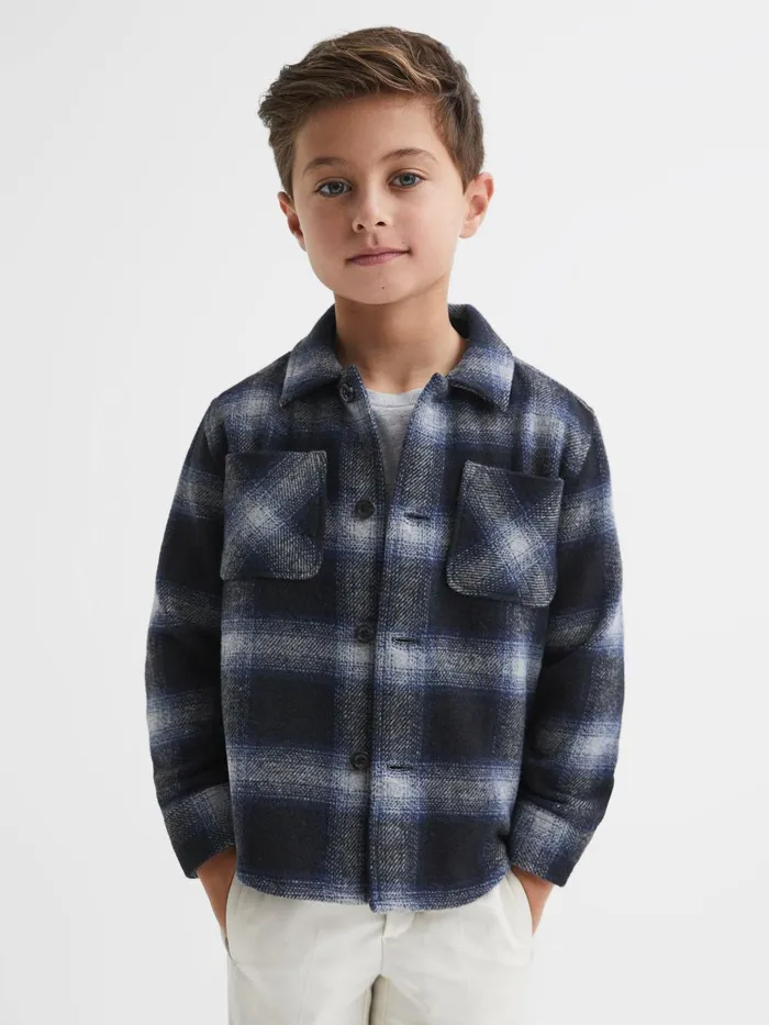 Children Reiss Coats and Jackets Idaho Wool Blend Check Overshirt Blue Multi
