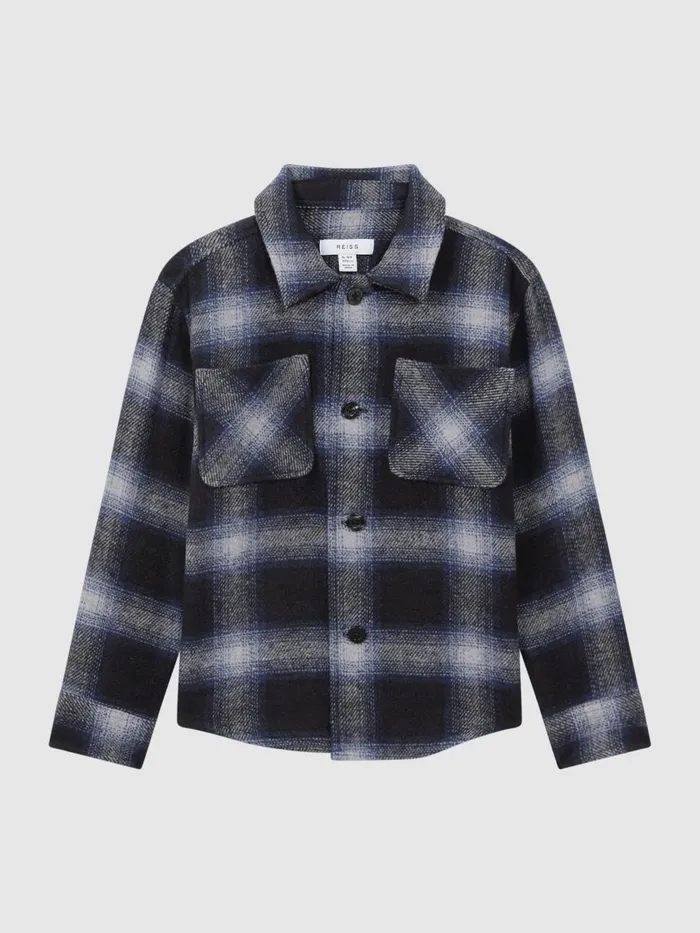 Children Reiss Coats and Jackets Idaho Wool Blend Check Overshirt Blue Multi