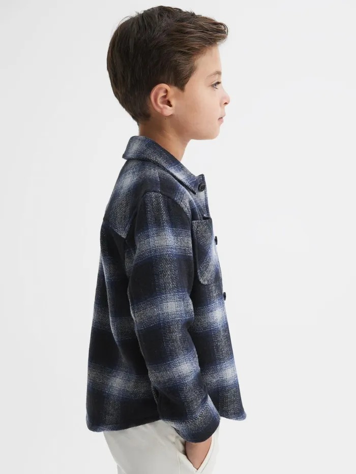 Children Reiss Coats and Jackets Idaho Wool Blend Check Overshirt Blue Multi