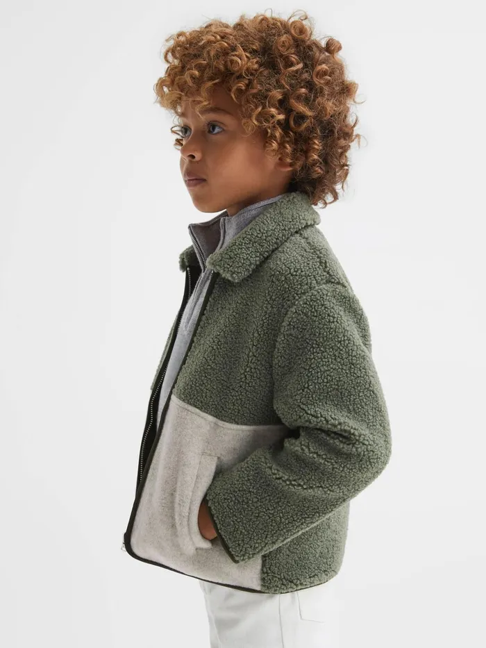 Children Reiss Coats and Jackets Kyle Sherpa ZipThrough Jacket Sage