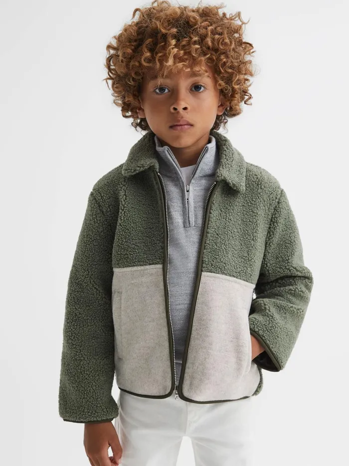 Children Reiss Coats and Jackets Kyle Sherpa ZipThrough Jacket Sage
