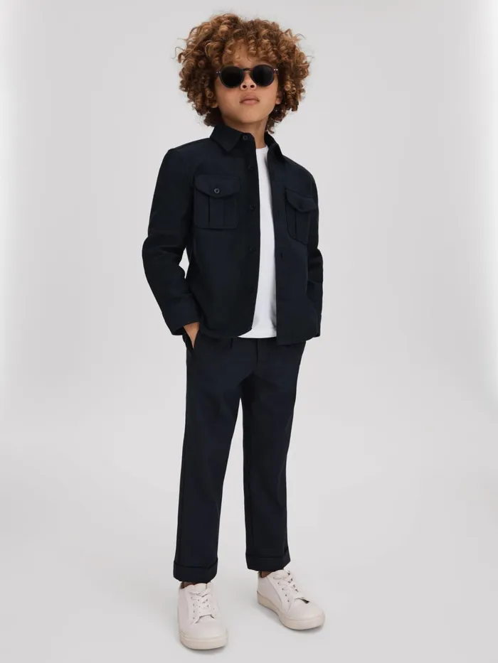 Children Reiss Coats and Jackets Thomas Brushed Cotton Patch Pocket Overshirt Navy