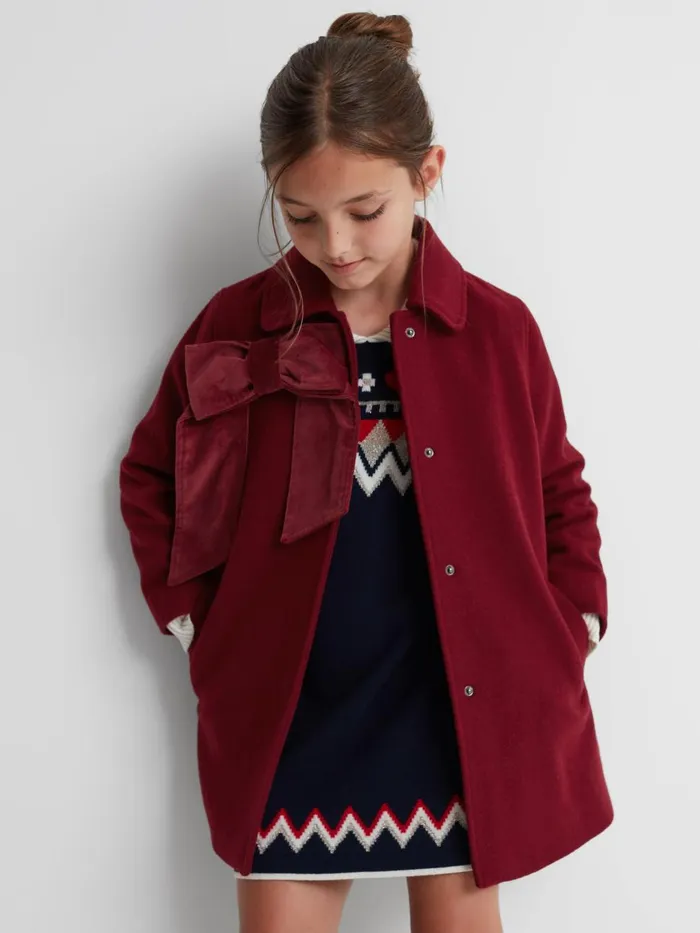 Children Reiss Coats and Jackets Valerie Wool Blend Bow Coat Red