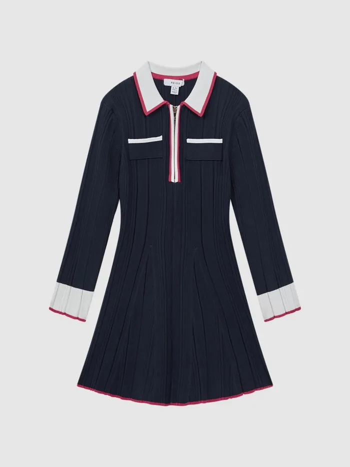 Children Reiss Dresses Annie Ribbed Colourblock Mini Dress Navy