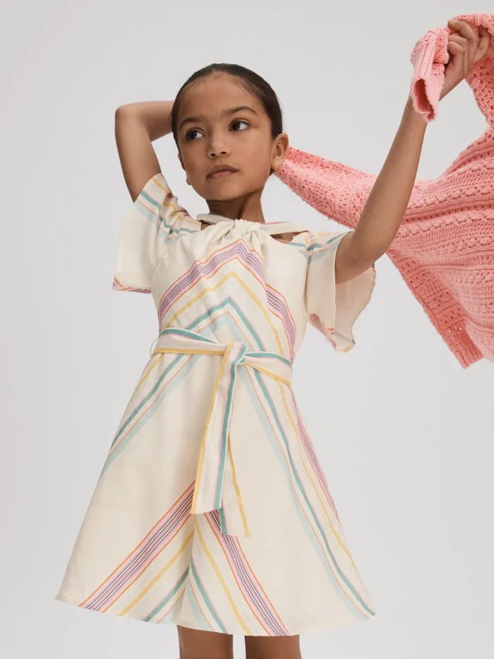 Children Reiss Dresses Kitty Linen Cotton Knot Detail Dress Ivory