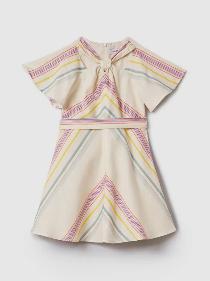 Children Reiss Dresses Kitty Linen Cotton Knot Detail Dress Ivory