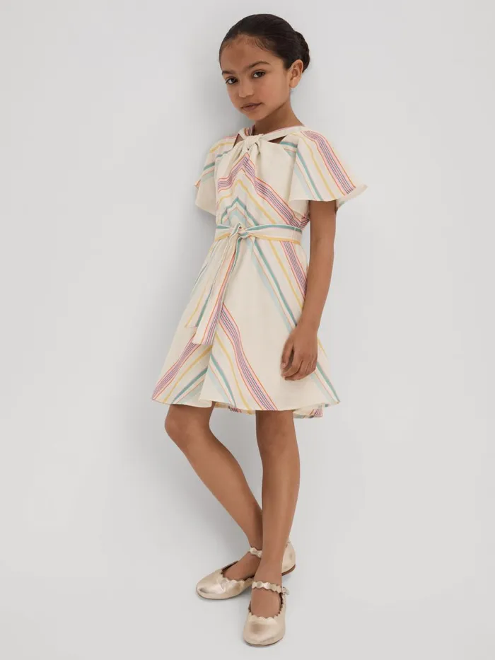 Children Reiss Dresses Kitty Linen Cotton Knot Detail Dress Ivory