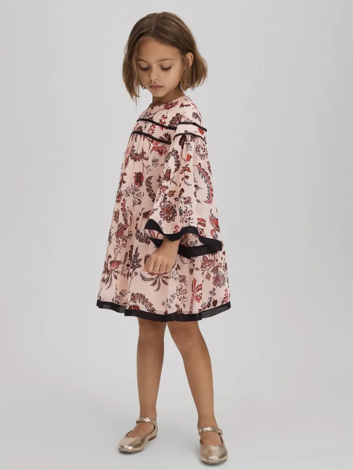Children Reiss Dresses Talitha Printed Bell Sleeve Tiered Dress Pink