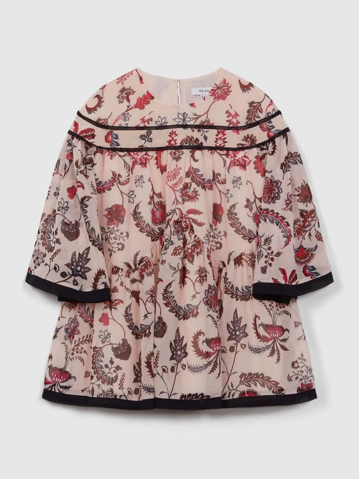 Children Reiss Dresses Talitha Printed Bell Sleeve Tiered Dress Pink