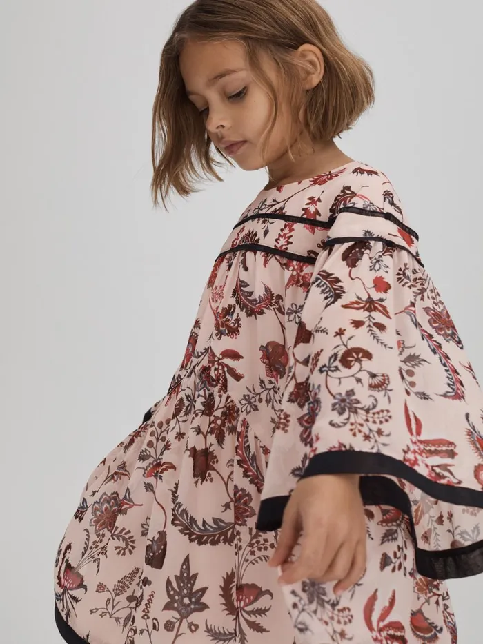 Children Reiss Dresses Talitha Printed Bell Sleeve Tiered Dress Pink