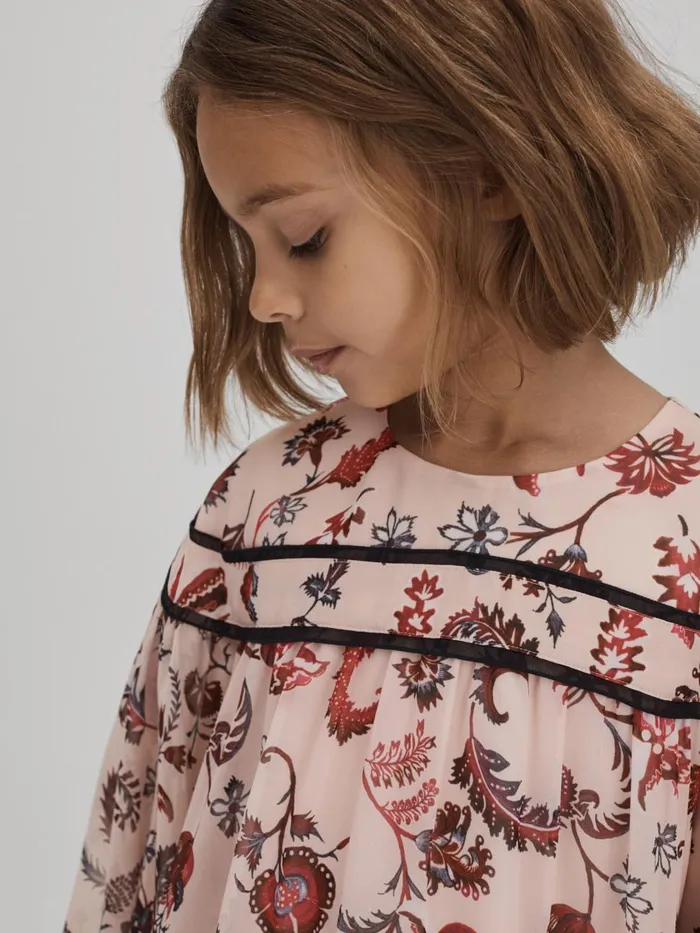 Children Reiss Dresses Talitha Printed Bell Sleeve Tiered Dress Pink