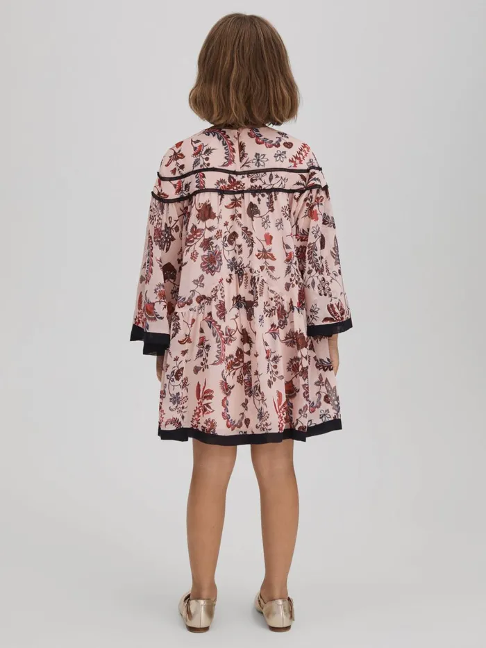 Children Reiss Dresses Talitha Printed Bell Sleeve Tiered Dress Pink