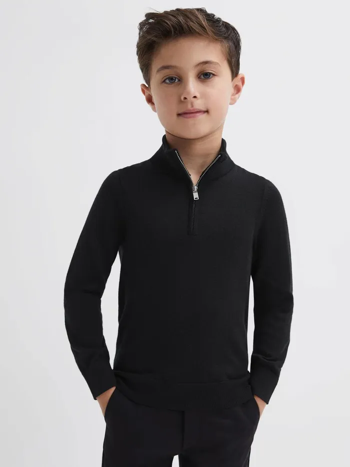 Children Reiss Knitwear Blackhall Merino Wool Zip Neck Jumper Black