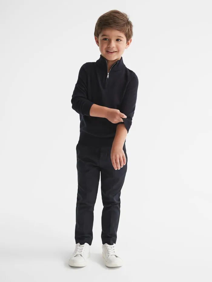 Children Reiss Knitwear Blackhall Merino Wool Zip Neck Jumper Navy