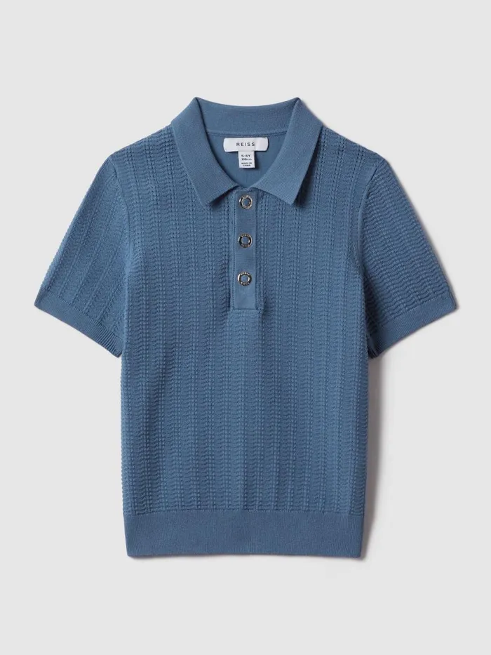 Children Reiss Polo Shirts Pascoe Textured Modal Blend Polo Shirt Cornflower Blue