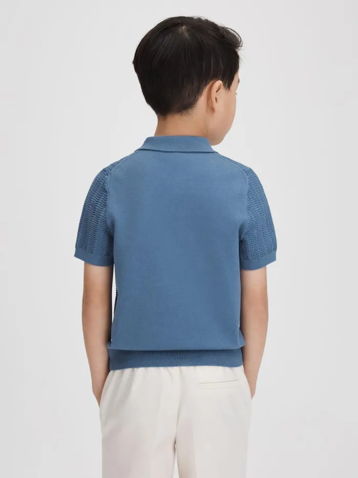 Children Reiss Polo Shirts Pascoe Textured Modal Blend Polo Shirt Cornflower Blue