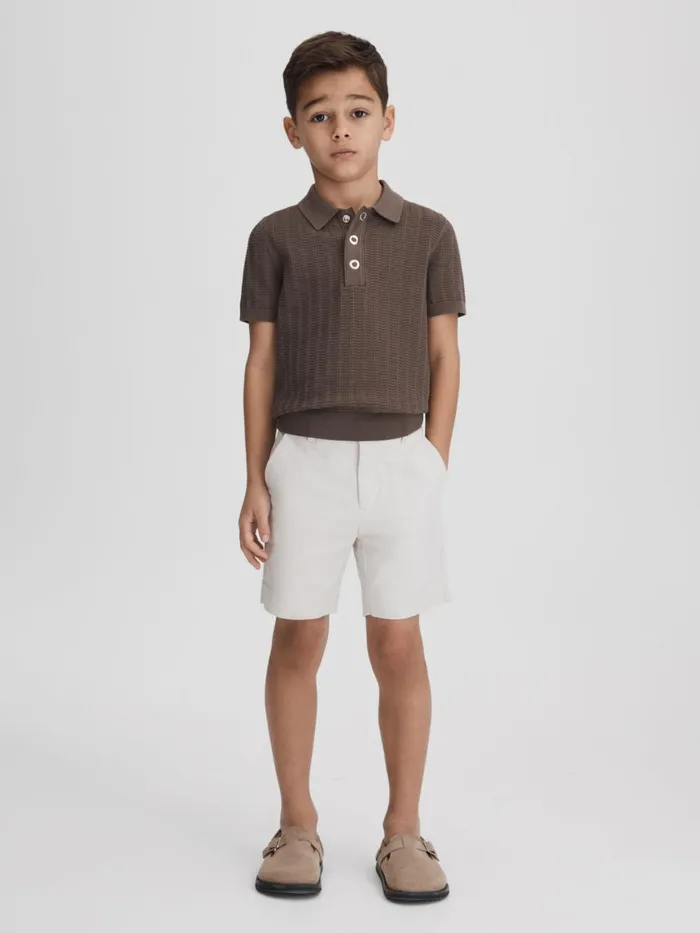 Children Reiss Polo Shirts Pascoe Textured Modal Blend Polo Shirt Pecan Brown